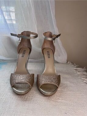 GUESS Women's Metallic Glitter Ankle-Strap Heels in Gold. Size 7